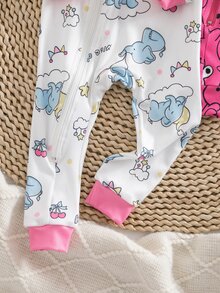 Autumn/Winter Knit Thin Round Neck Contrast Color Pink Cute Fun Elephant Colorful Balloon Little Rabbit Digital Print Popular Hot-Selling Pattern Long Sleeve Jumpsuit Zipper Design Slim Fit Comfortable Soft Fabric 2 Pieces Pajama Set Loungewear - Multicolor - View 11