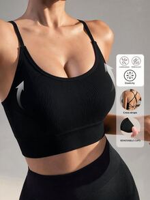 SHEIN Dewbera حمالة صدر رياضية قصيرة بدون درزات بتصميم بسيط لليوغا للنساء - الأسود - مشاهدة 1