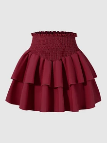 SHEIN Chân váy mini chữ A cho thiếu nữ, ren trắng jacquard, nhún xếp, họa tiết rỗng, thanh lịch, đa năng cho đi làm, du lịch và cô dâu, quần áo mùa thu, gửi ngẫu nhiên 1 chiếc - Màu Đỏ Sâu - Xem 1