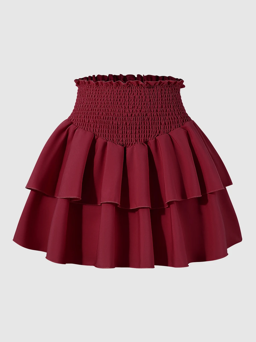 SHEIN Chân váy mini chữ A cho thiếu nữ, ren trắng jacquard, nhún xếp, họa tiết rỗng, thanh lịch, đa năng cho đi làm, du lịch và cô dâu, quần áo mùa thu, gửi ngẫu nhiên 1 chiếc - Màu Đỏ Sâu - Xem 1