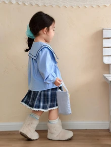 Dazy Kids Infant/Toddler (Girl) Solid Color Long Sleeve Korean Style Top With Turn-Down Collar - Blue - View 2