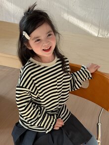 Dazy Kids Young Girl Striped Colorblock Versatile Korean Style T-Shirt - Beige - View 4
