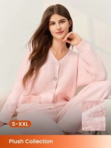 LUVLETTE Autumn And Winter Winter Fuzzy Fleece Button-Up & Pants Loungewear Pajama Set As Outerwear Fall Pajamas Clothes - Pink - View 2
