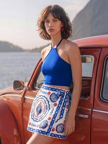 CAJUNI Women's Solid Color Halter Top And Mini Skirt Casual Set - Blue - View 6