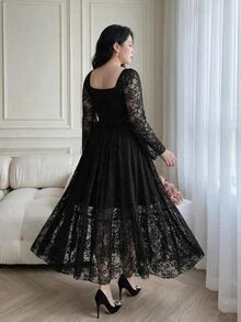 Vibekara Plus Size French Square Neck Lace Dress For Women, Ruffle Long Sleeve, Cinched Waist, Flared Midi Length, Elegant Slimming Long Dress - Black - View 6