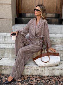 Serisse Women's Striped Long Sleeve Top And Pants Casual Daily Set - Brown - View 7