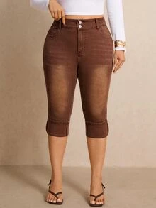 Elaquor Plus Size Casual Daily Wear Denim Jeans With Pockets - Brown - View 4