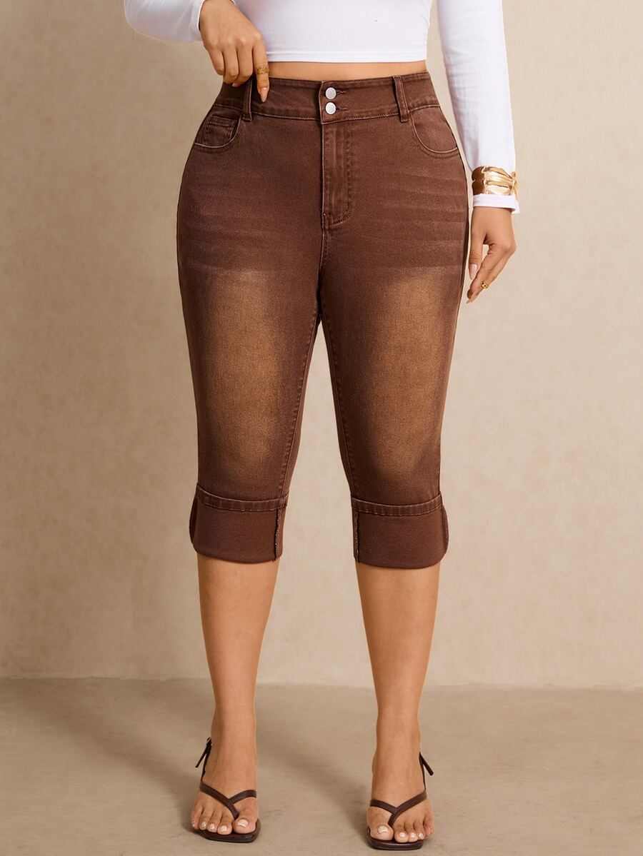 Elaquor Plus Size Casual Daily Wear Denim Jeans With Pockets - Brown - View 1