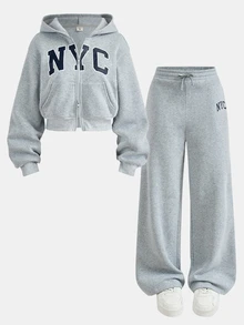 SHEIN 青少年女孩針織灰色英文字印花休閒衛衣與運動褲兩件套 - 灰色 - 查看 1
