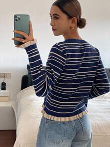 Livesso 女款休閒棕色條紋荷葉邊開襟衫，秋冬早午餐日常長袖上衣 - 藏蓝色 - 查看 2