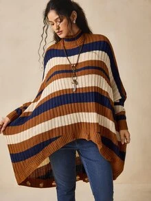 Nubod Áo len dệt kim dáng rộng cổ giả cổ kẻ sọc bất đối xứng phong cách vintage size lớn cho mùa đông - Nhiều màu - Xem 4