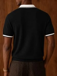 AKNOTIC 男士短袖針織 Polo 衫，對比色滾邊領口與袖口，柔軟休閒日常上衣，經典 Polo 衫，短袖羅紋針織素色 - 黑色 - 查看 4