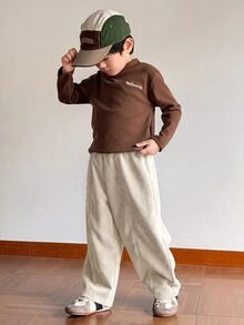 SHEIN Little Byeori 兒童小男孩休閒燈芯絨寬鬆長褲 - 杏色 - 查看 3