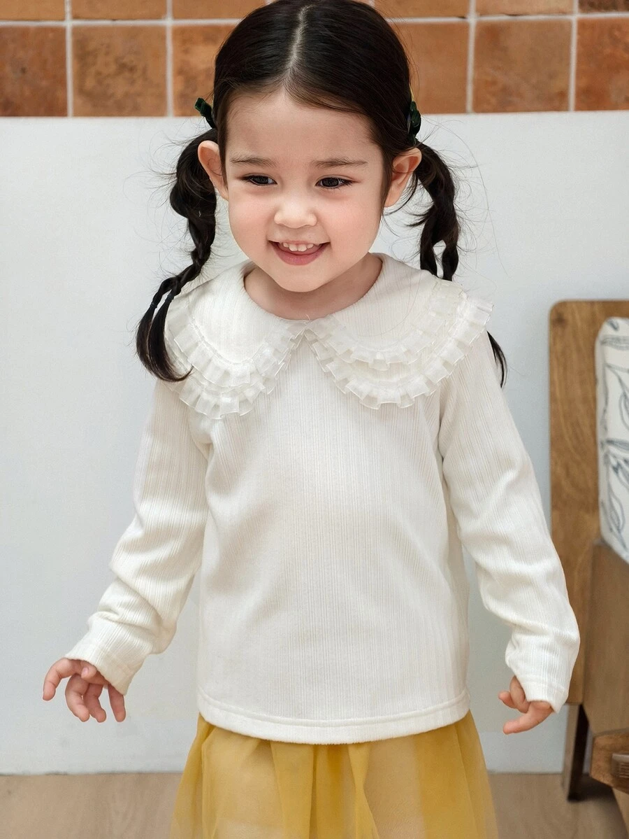Dazy Kids 嬰兒/幼兒(女童)彼得潘領韓式長袖秋冬可愛百搭純色上衣 - 杏色 - 查看 1