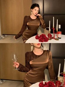 DAZY Women's Colorblock Casual Party & Travel Long Dress - Coffee Brown - View 4
