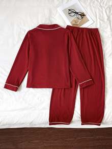 SHEIN Tween Girls Tween Girl Red Knit Pajamas Loungewear 2-Piece Set, Party Holiday Versatile Daily Wear, Soft Comfortable Autumn/Winter New Style - Red - View 2