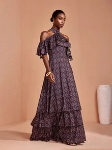 JIAN LASALA Knit Double Ruffle Layers Halter Neckline Multi Hemline Short Sleeve Long Dress Elegant - Multicolor - View 7