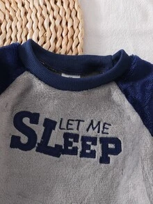 2pcs Men's Comfortable Soft Navy Blue Fleece Raglan Sleeve Sleepwear Set With Slogan Patch Embroidery, Long Sleeve Crew Neck Top And Blue Plaid Fleece Long Pants - Royal Blue - View 5