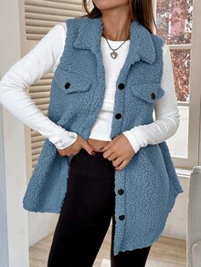 SHEIN EZwear Flap Detail Teddy Vest Coat Simple Fashionable Suitable For Winter - Dusty Blue - View 4