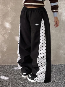 SHEIN Tween Girl Polka Dot Kids Print Colorblock Loose Sweatpants - Black and White - View 2