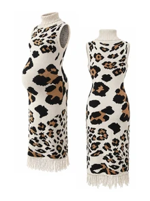 SHEIN Maternity Leopard Print High Neck Casual Daily Wear Knit Dress - Multicolor - View 4