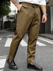 Manfinity Mode 大尺碼男士純色口袋休閒錐形正式長褲，儀式穿著 - 棕色 - 查看 5