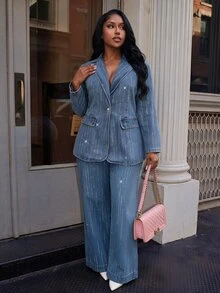 BriallanyX BriallanyX Plus Size Women's Rhinestone Casual Daily Denim Jacket - Blue - View 6