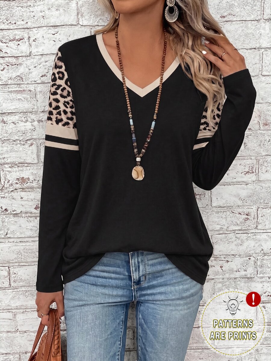 EMERY ROSE Casual Minimalist Vintage Leopard Print Pattern Regular Small V-Neck Long Sleeve Plus Size Women's Black T-Shirt Suitable For Autumn/Winter Comfortable - Multicolor - View 1