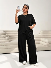 Solflare Plus Size Casual Commute Solid Color 2 Pieces Set (Top + Pants) - Loose, Elegant And Comfortable - Black - View 3