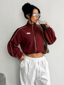 SHEIN Dewbera Women's Fashion Casual Colorblock Versatile Sports Jacket, Spring/Autumn Sports Jacket, Street Style Colorblock White Line Short Jacket - Brown - View 4