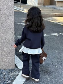 Dazy Kids 女童 (小號) 海軍藍撞色寬鬆衛衣上衣 + 直筒長褲休閒 2 件套衛衣套裝 - 藏蓝色 - 查看 4