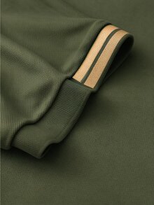 Calvornis 男士極簡條紋騎士印花半拉鍊短袖 Polo 衫，正式、儀式場合 - 軍綠色 - 查看 3