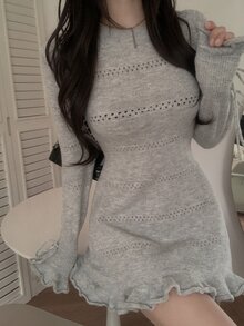 DAZY Solid Color Fitted Waist Hollow Out Frill Trim Drawstring Tie Elegant Vacation Korean Style Spring Autumn Short Sweater Dress For Women - Grey - View 3