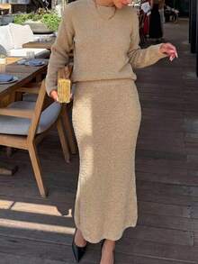 Livesso Women's Solid Color Round Neck Drop Shoulder Long Sleeve Sweater And Knit Skirt Elegant Set - White - View 1