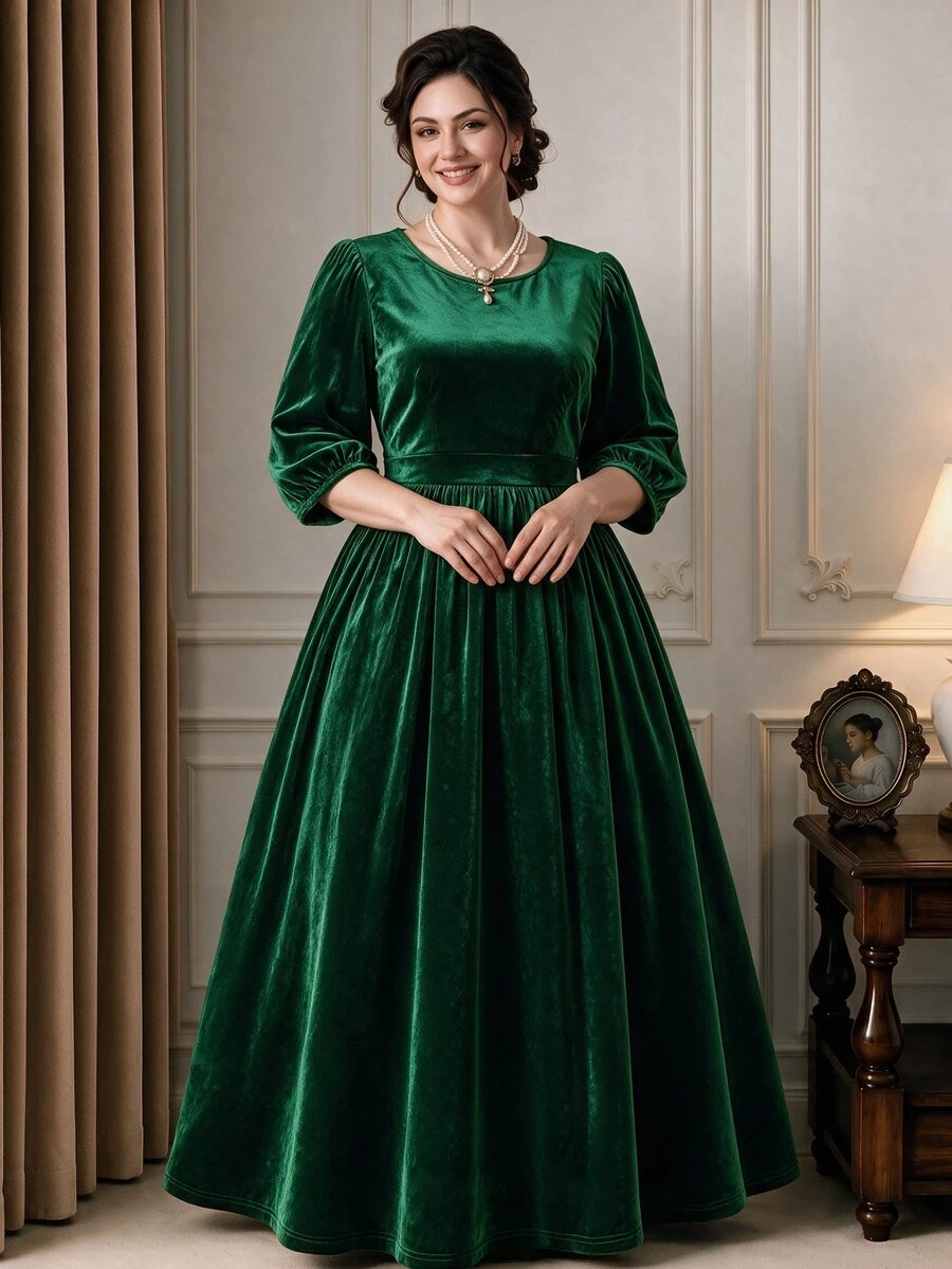 Rometta Ladies' French-Style Luxury Dark Green Velvet Waist-Cinched A-Line Flared Sleeve Spring-Autumn Plus-Size Dress Christmas - Dark Green - View 1