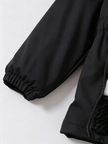 SHEIN 1件女童冬季新款粉色花卉保暖內裡拉鍊開襟外套，彈性腰頭連帽衛衣，加厚保暖抓絨，簡約時尚百搭防寒夾克，適合戶外與通勤 - 黑色 - 查看 4