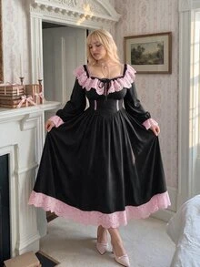 Lyrianda Plus Size Black And Pink Lace Trim Long Sleeve Dress - Black - View 1