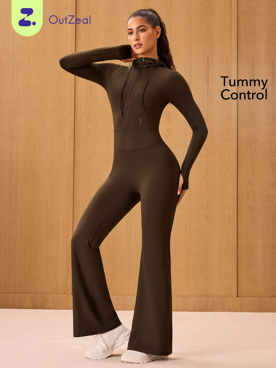 OutZeal One-Piece Women Outdoor Brown Jumpsuit Gym Workout Yoga Front Half Zip Tummy Control Flared Leg Hooded Jumpsuit - Brown - View 1