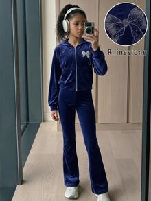 SHEIN 青少年女孩秋冬休閒時尚天鵝絨蝴蝶結水鑽連帽拉鍊運動衫與修身喇叭褲兩件套 - 藍色 - 查看 2