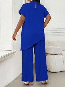 SHEIN Lady 大尺碼女款純色立領休閒優雅百搭日常穿著上衣 正式早午餐酒紅色夏季 - 寶藍色 - 查看 7