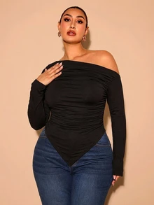 SHEIN BAE 大尺碼女款純色不對稱肩休閒日常T恤 - 黑色 - 查看 4
