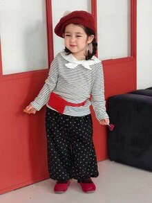 Dazy Kids Atasan Lengan Panjang Bergaris dengan Pita untuk Bayi Perempuan - Hitam dan Putih - View 3