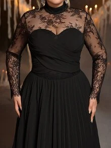 Glamrae Plus Size Elegant Romantic Black Lace Patchwork Chiffon Stand Collar Sheer Long Sleeve Pleated Fitted A-Line Evening Dress For Party Date Ball Wedding Event - Black - View 5