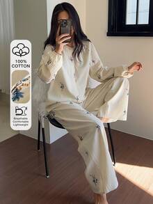 DAZY 2pcs Ditsy Floral Half-Button Loose Long Sleeve Top & Straight Leg Long Pants Women Pajama Set - Apricot - View 6