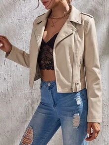 SHEIN Tall Zip Up PU Jacket In Fall/Winter, Tall Women - Apricot - View 6
