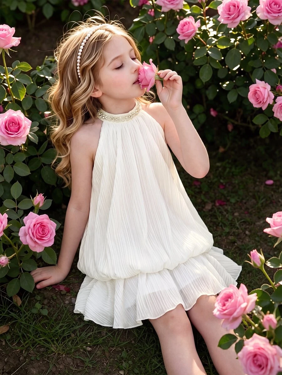 SHEIN 青少年女孩簡約休閒時尚外出度假日常百搭無袖背心洋裝 - 白色 - 查看 1