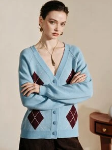 Arave Women's Polar Fleece Fabric Loose Fit Argyle Design Casual Sweater 2 Pieces Set - Multicolor - View 6