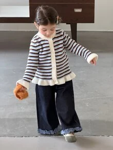 Dazy Kids كارديجان أكمام طويلة بياقة دائرية مخططة بأسلوب كوري للرضع/الأطفال الصغار (البنات) للخريف/الشتاء - الأزرق - مشاهدة 3