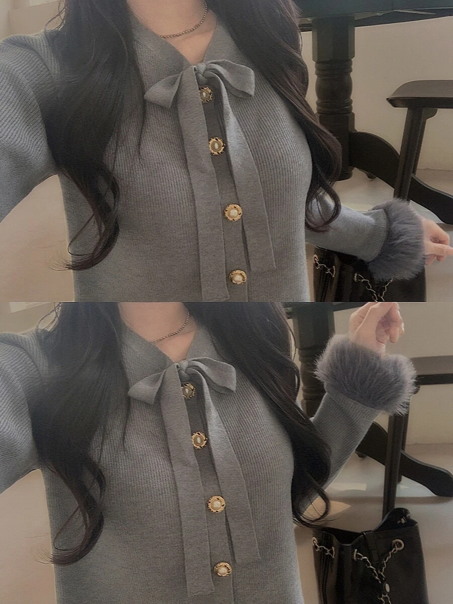DAZY Women's Tie-Neck Casual Versatile Daily Wear Cardigan - Grey - View 1