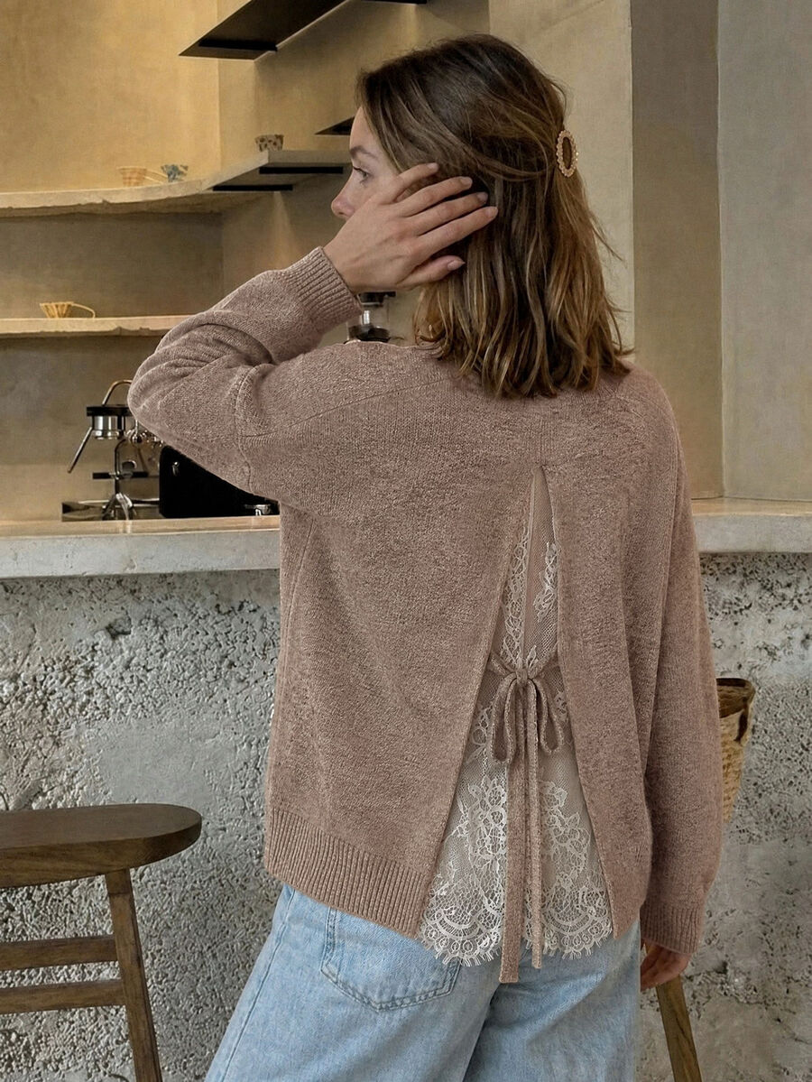 Serisse Women's Contrast Color Lace Long Sleeve Sweater - Camel - View 1
